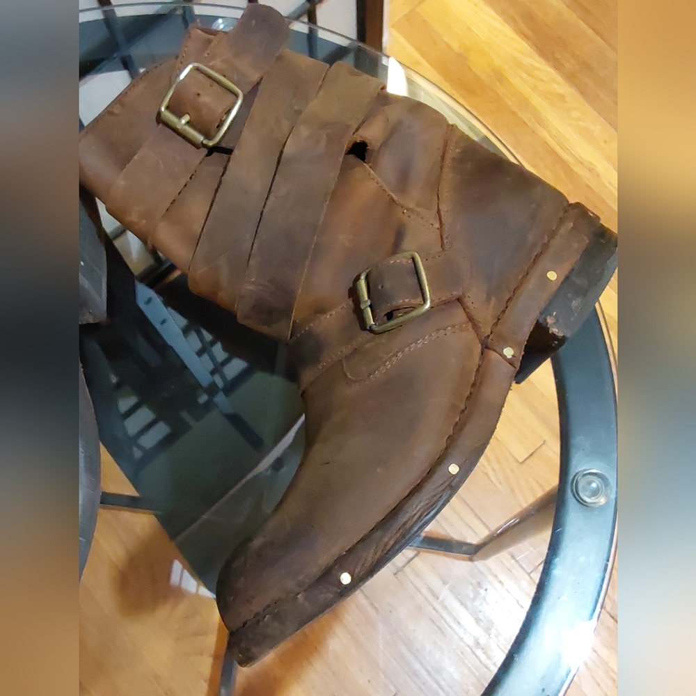 Jeffrey Campbell Brit Distressed Brown Leather Moto Strap Biker Pull On Boots 10 - Picture 13 of 16